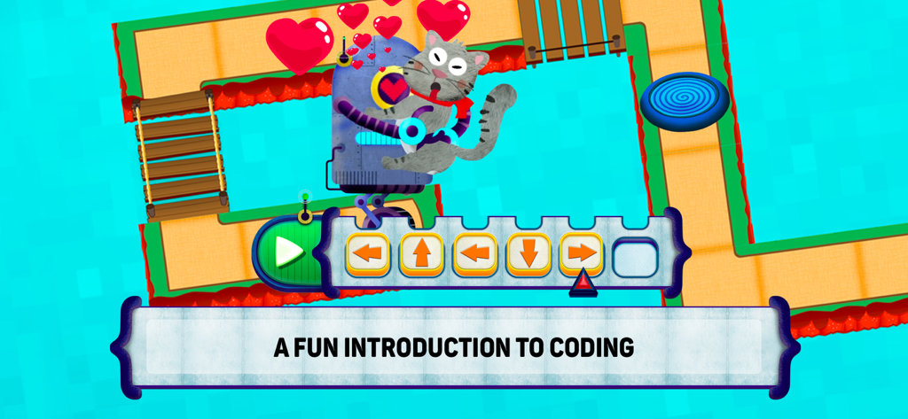 A robot and a cat hugging in a colorful game level with directional arrow programming blocks and the text A Fun Introduction to Coding