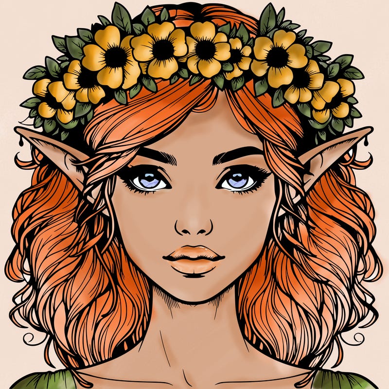 realistic female elf with flower crown