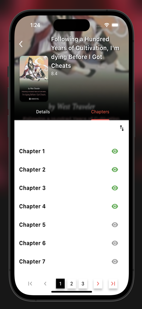 LiteNovel app interface displaying a list of chapters for a light novel with status icons to track reading progress.