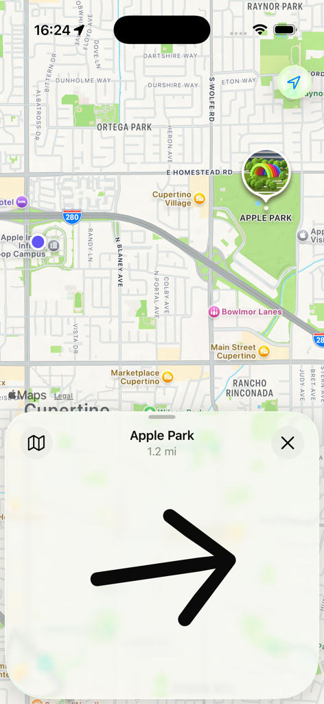 Simple Direction Navigator - Minimalist navigation app interface showing a large directional arrow and distance to Apple Park on a map