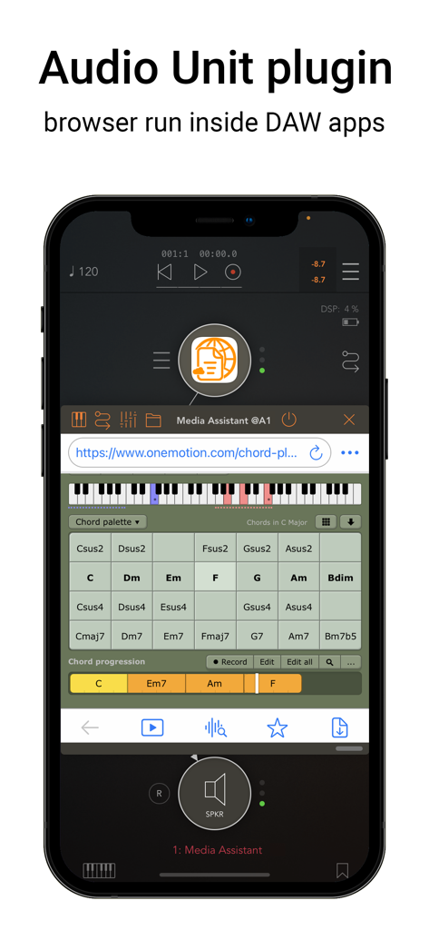 Media Assistant - Aplicativo Media Assistant mostrando o navegador rodando como um plugin Audio Unit dentro de uma estação de trabalho DAW móvel