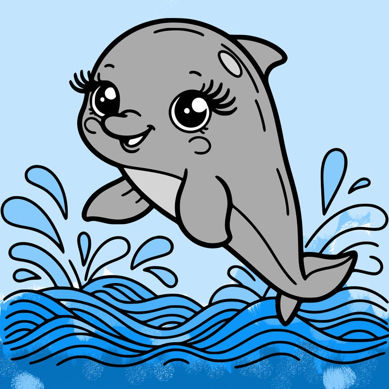 cute dolphin, smiling, long eyelashes, jumping over sea waves
