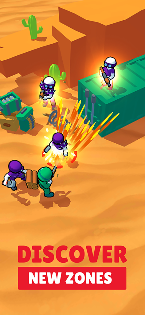 Stickman of Wars: RPG Shooters - Stickman of Wars gameplay featuring a tactical battle in a desert environment with the text Discover New Zones.