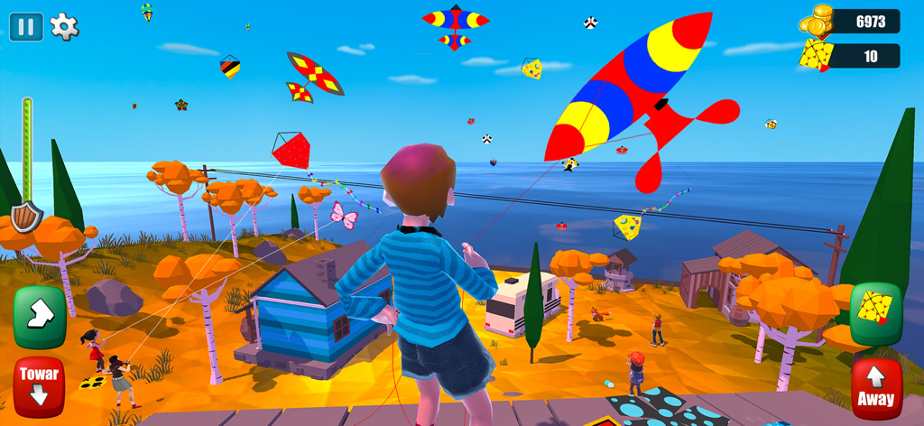 Kite Game 3D - Kite Flying - Personaje volando una colorida cometa en un entorno 3D con otras cometas en el cielo