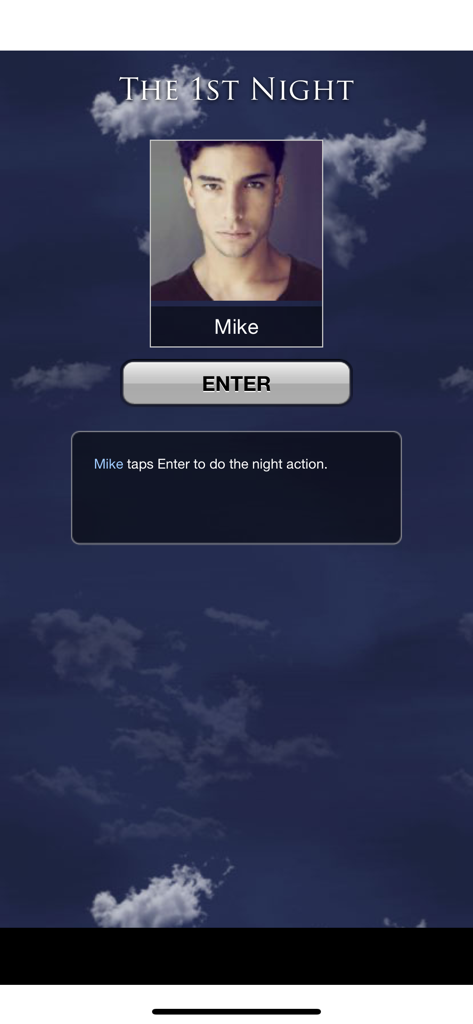 Werewolf Special Package - Mobile game interface showing the first night phase for player Mike with a button to perform a night action.