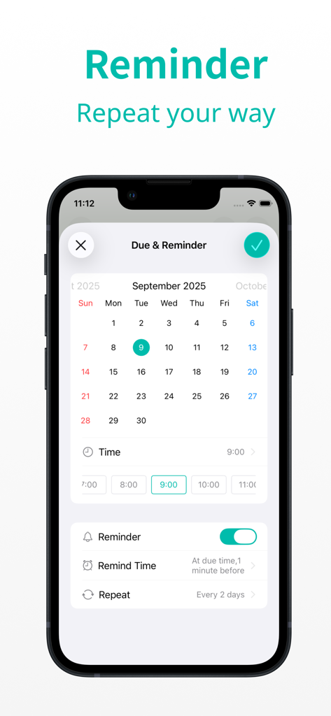 Due date and reminder settings interface with calendar and repeat options