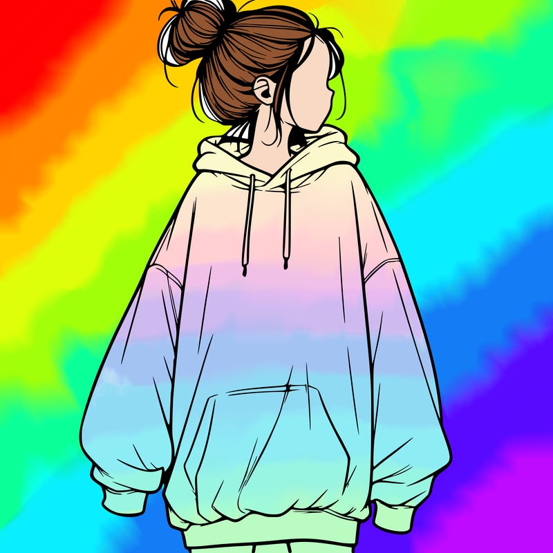 realistic girl with a oversized sweatshirt on and a bun