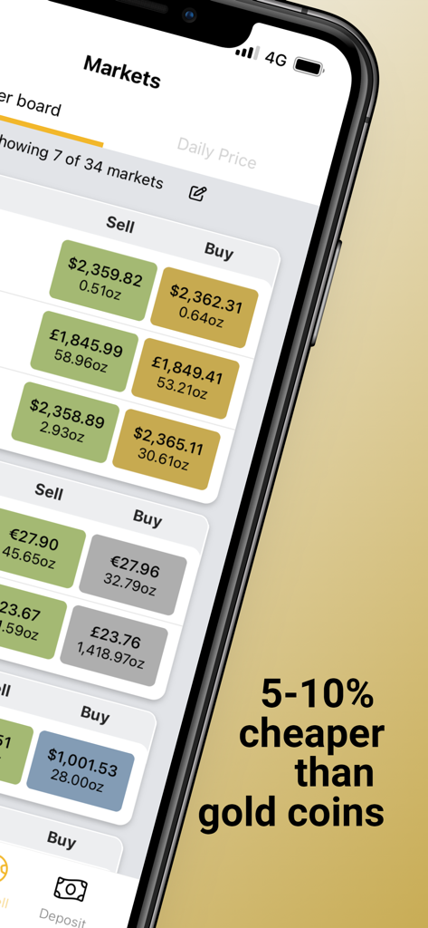 BullionVault: gold and silver - BullionVault app interface showing live gold and silver buy and sell prices in multiple currencies
