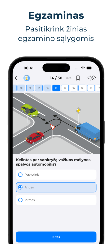 KET bilietai 2026 - Autostart - Screenshot dell'app Autostart che mostra una domanda del test di teoria della guida con un diagramma di incrocio stradale
