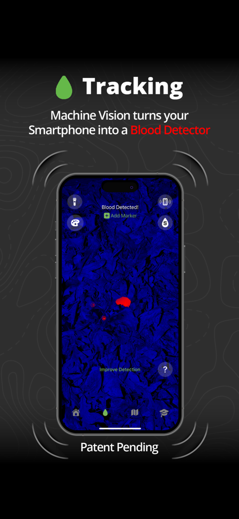 Track N Trail - Hunting & Maps - Track N Trail app interface using machine vision to detect blood on a smartphone