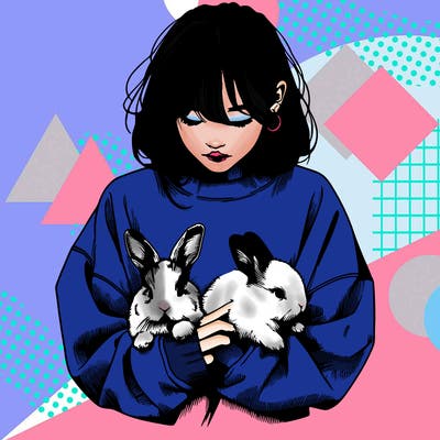 realistic girl with messy bunny baggy sweatshirt and holding bunnies