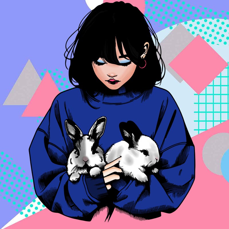 realistic girl with messy bunny baggy sweatshirt and holding bunnies