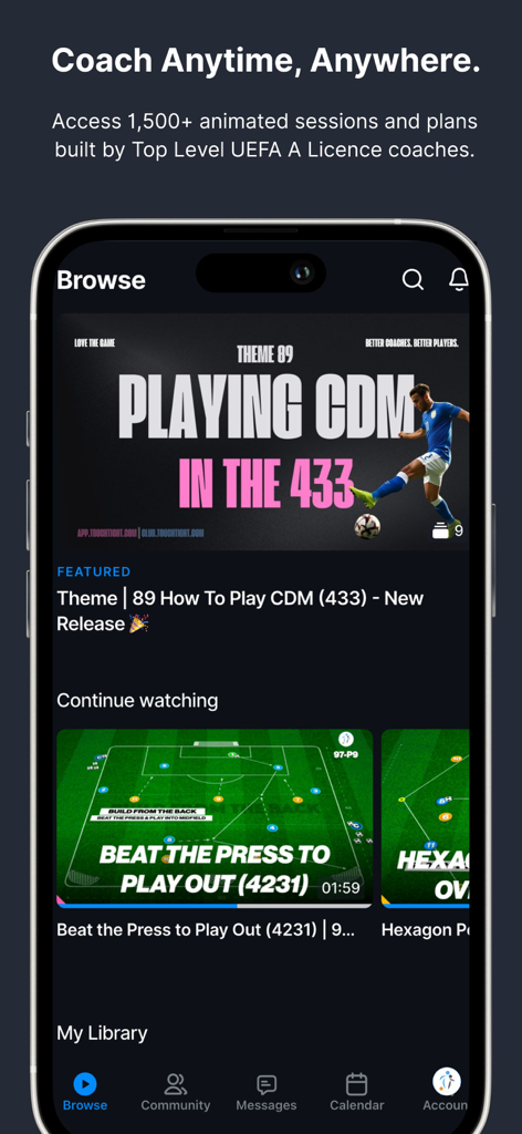 Touchtight Soccer Training app browse screen showing animated tactical coaching sessions