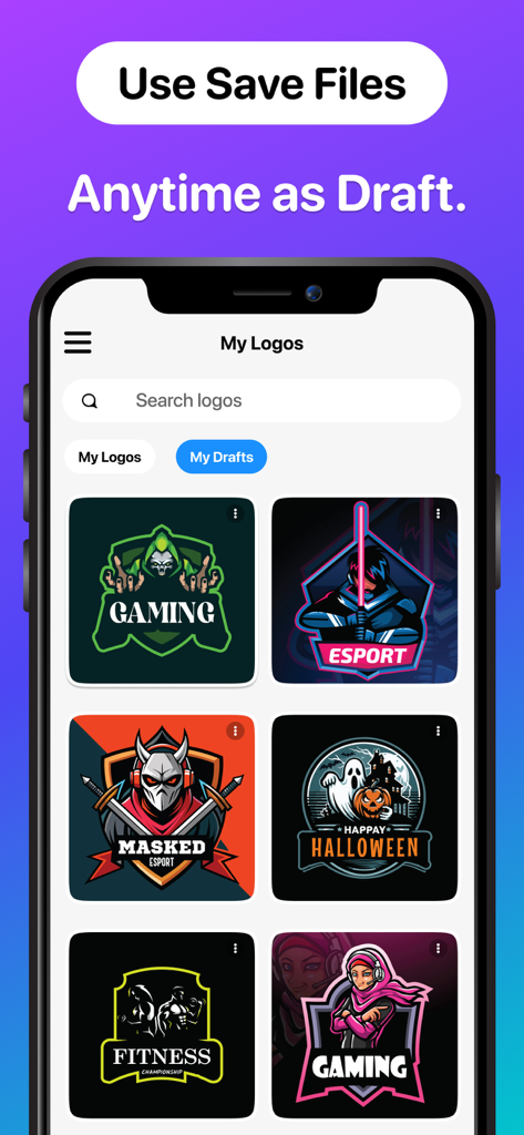 Logo Maker and AI Logo Creator - Interfaz de la aplicación móvil mostrando una colección de borradores de logos guardados para gaming, fitness y esports.