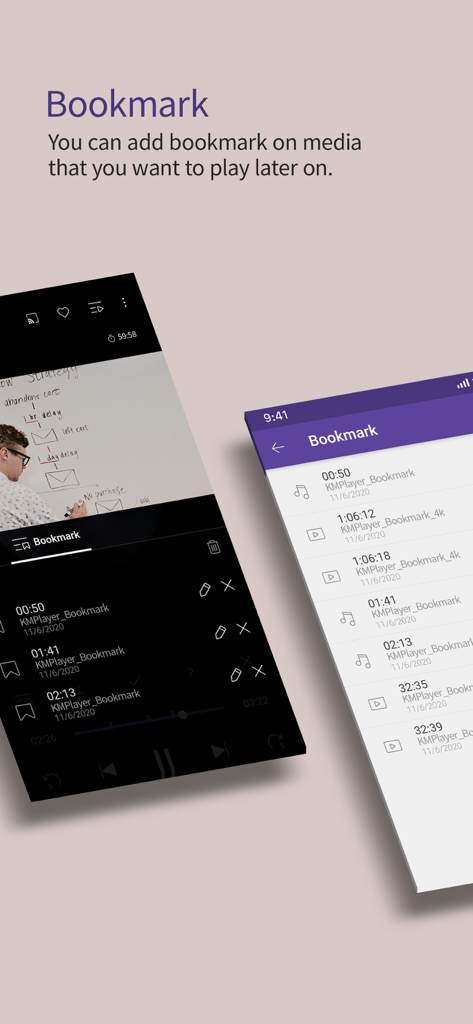 KMPlayer Plus app interface showing the bookmark feature with a list of saved video timestamps for later playback