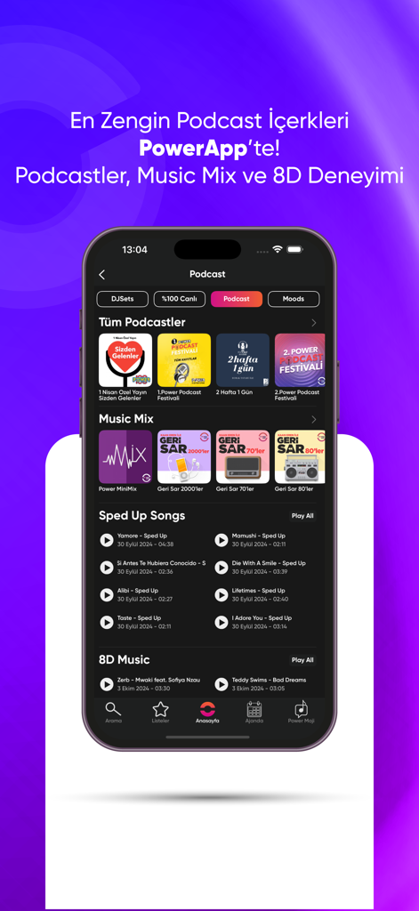 PowerApp: Radio, Podcast, DJ - ポッドキャスト、音楽ミックス、8Dミュージックのカテゴリを表示するPowerAppのモバイルインターフェース