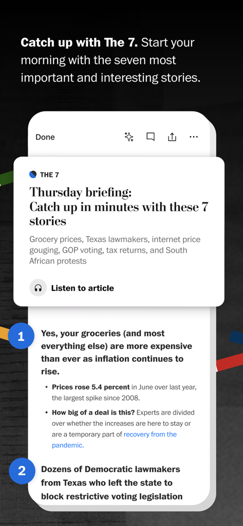 Washington Post - Washington Post app interface showing The 7 morning news briefing feature