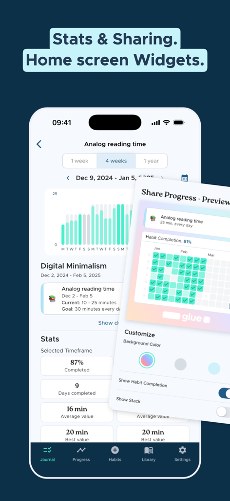 glue - new habits that stick - Glue app interface displaying detailed habit statistics and a share progress preview.