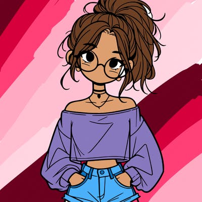 girl with a messy ponytail glasses a baggy crop top and jean shorts