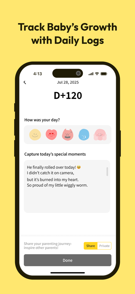 Voce di diario giornaliera nell'app Babyfolio per monitorare i traguardi e la crescita del bambino.