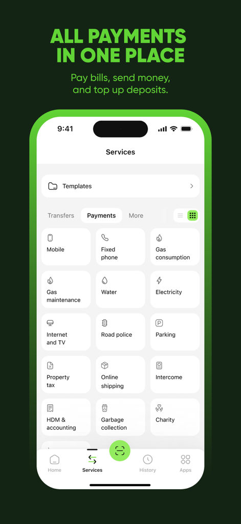 My Ameria - My Ameria app screen showing utility and bill payment options