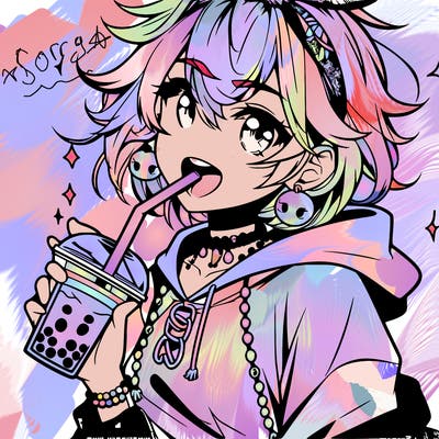 hot baddie anime girl drinking boba and biting the straw