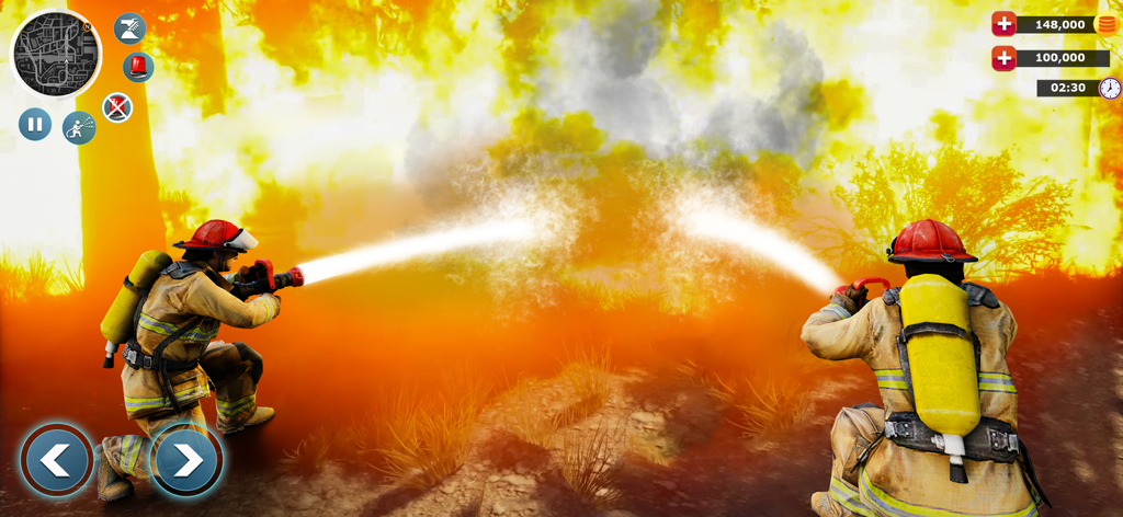 Two firefighters extinguishing a large blaze with water hoses in a 3D simulation game