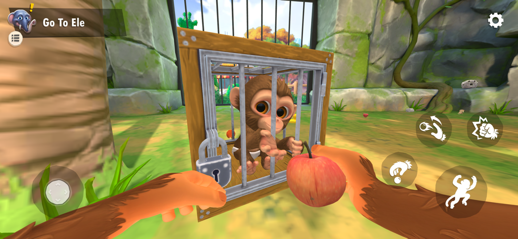 I Am Monkey - original game - A first person view of a monkey holding an apple and looking at another monkey in a locked cage.