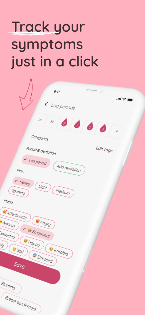 Life - Period Tracker Calendar - A smartphone screen showing the Life app interface for logging period flow and moods with various emoji tags.