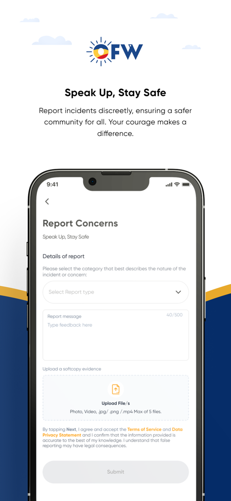 OFW App - The Report Concerns screen of the OFW App where users can discreetly report incidents and upload evidence.