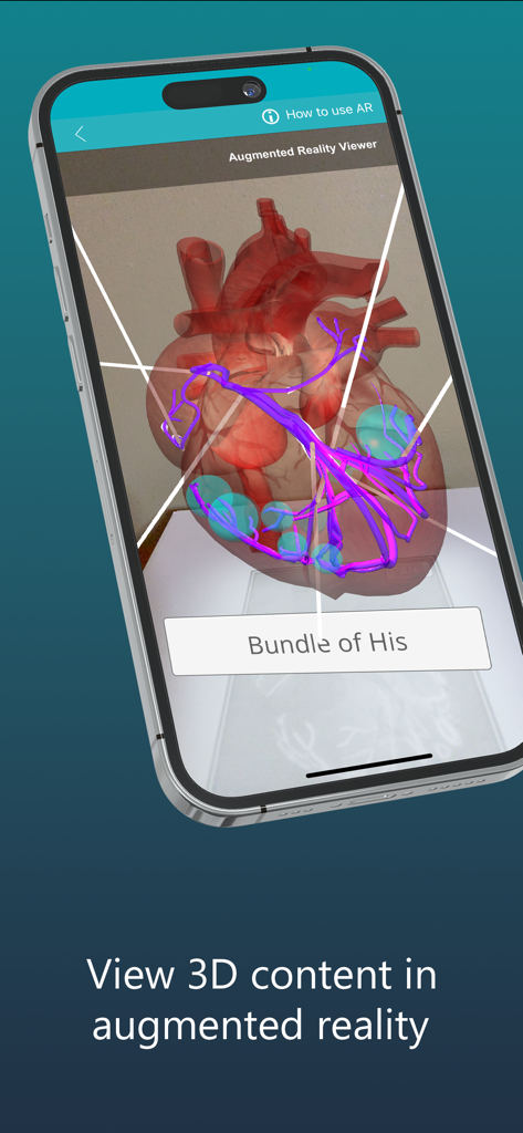 Pediatric Learning Solutions - Augmented reality viewer showing a 3D heart model in the Pediatric Learning Solutions app