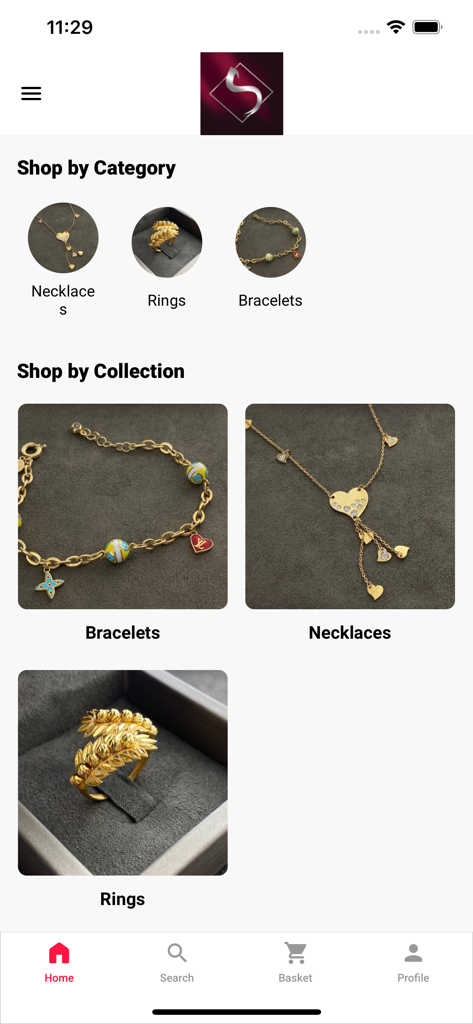 Samer Jewelry - Samer Jewelry app home screen showing shopping categories for gold necklaces rings and bracelets