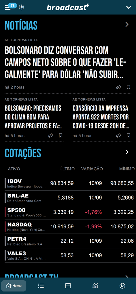 Broadcast+ - Un'interfaccia di app mobile che mostra notizie finanziarie in tempo reale e quotazioni di mercato per indici azionari e globali