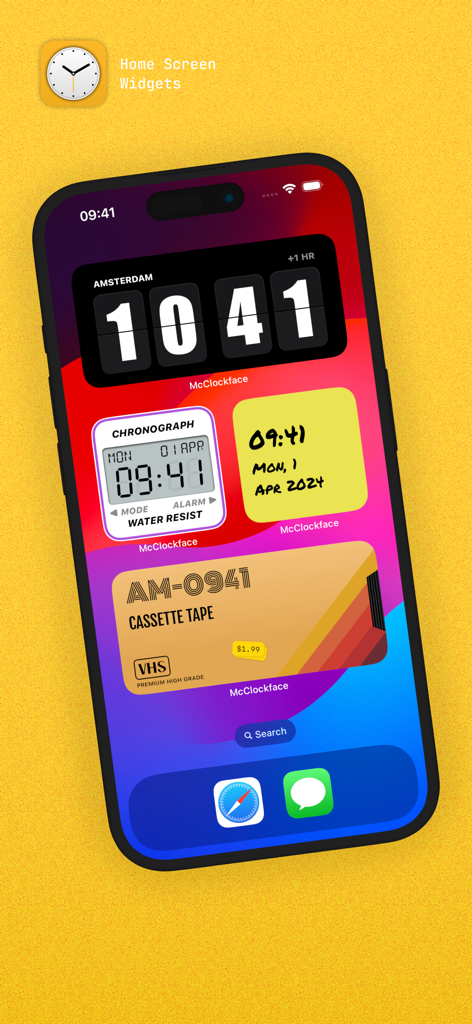 McClockface – Flip Clock - iPhone home screen displaying various McClockface widgets including a flip clock and VHS tape design