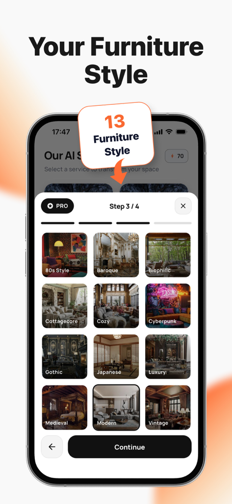 Homestyler: AI Room Planner - Mobile screen showing a variety of interior design and furniture styles for AI room planning