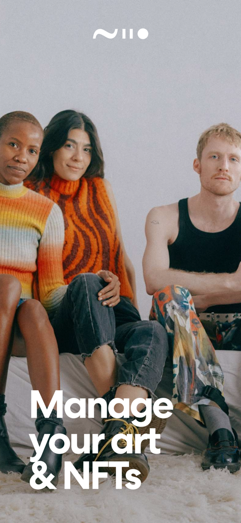 Three contemporary individuals sitting with the text Manage your art and NFTs.
