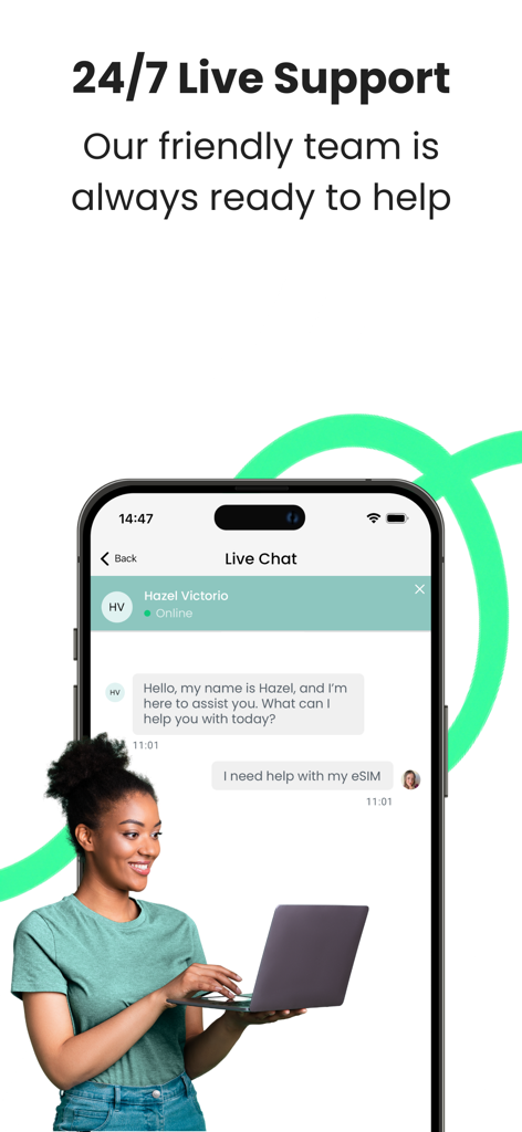 VirtualSIM by BNESIM - Smartphone showing VirtualSIM live chat support interface with 24/7 assistance.
