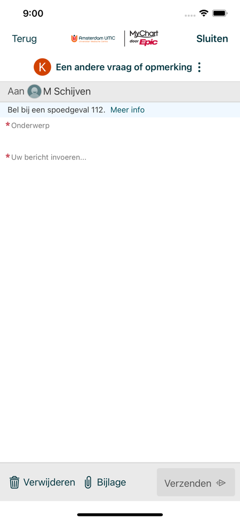 Mijn Dossier Amsterdam UMC - Secure messaging interface in the Mijn Dossier Amsterdam UMC app for patients to communicate with healthcare providers.