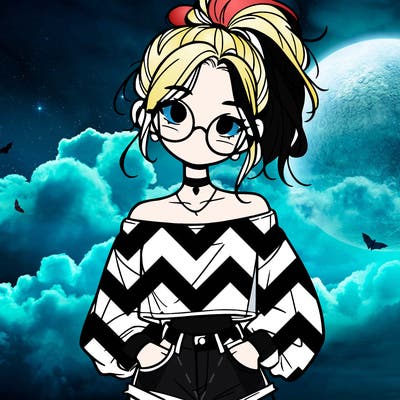 girl with a messy ponytail glasses a baggy crop top and jean shorts