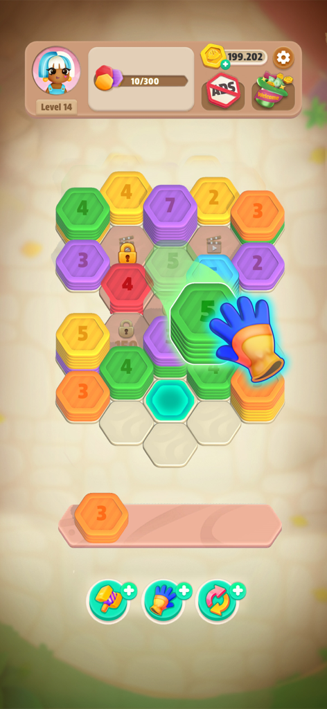 Hexa Stack: Color Sort Puzzle - Gameplay of Hexa Stack showing colorful hexagonal tiles being sorted and stacked on a game board