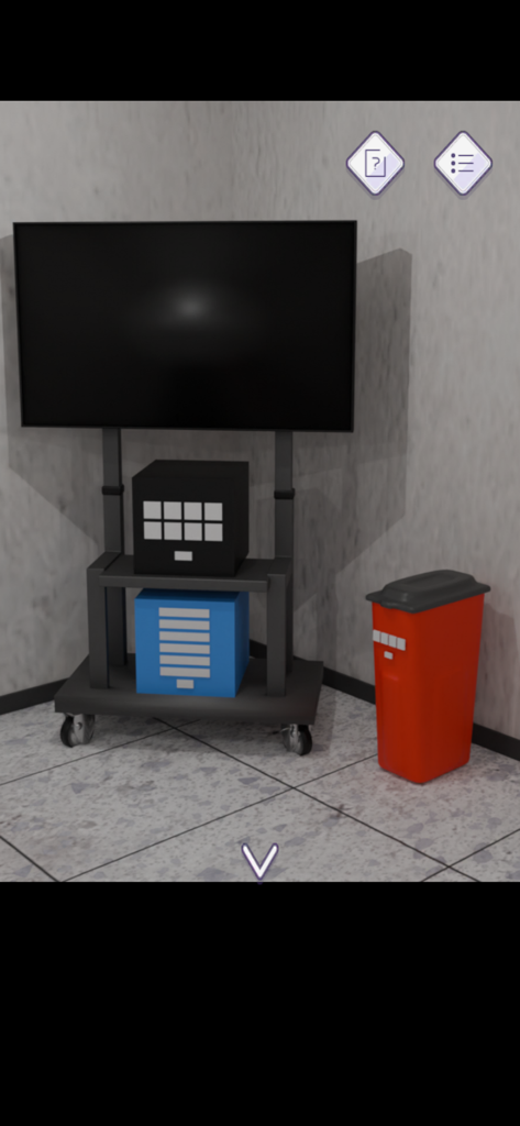 Escape Room President’s Office - An escape room scene with a television stand and red trash can