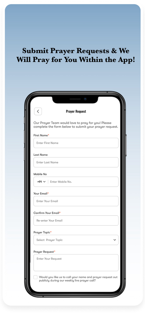 Bible Chat: Kingdom Connect - Uma tela de aplicativo de celular mostrando um formulário de envio de pedido de oração no aplicativo Bible Chat Kingdom Connect.