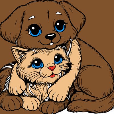 a realistic cute cat snuggling a dog