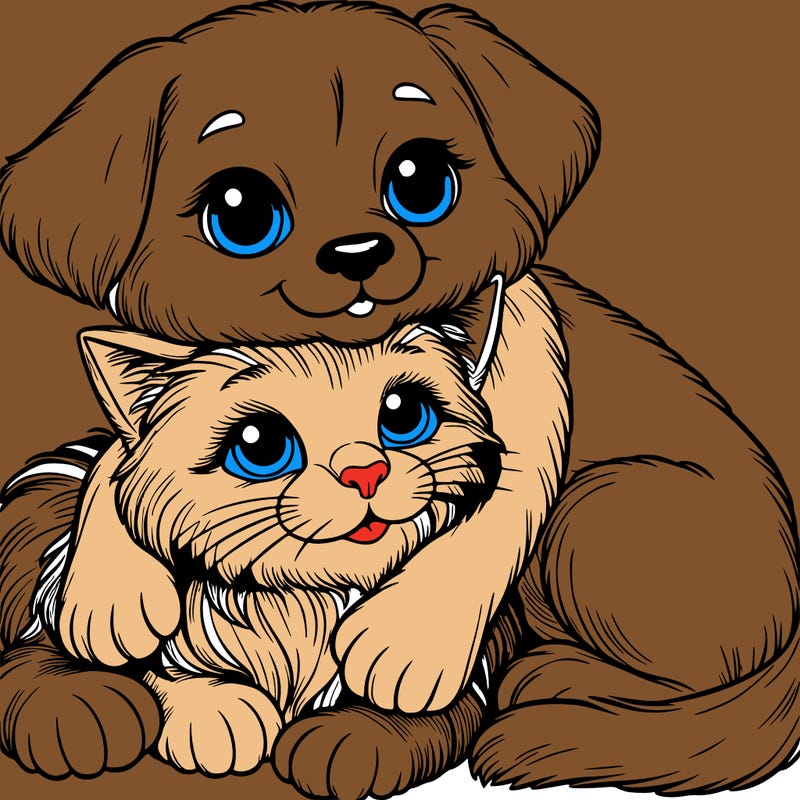 a realistic cute cat snuggling a dog