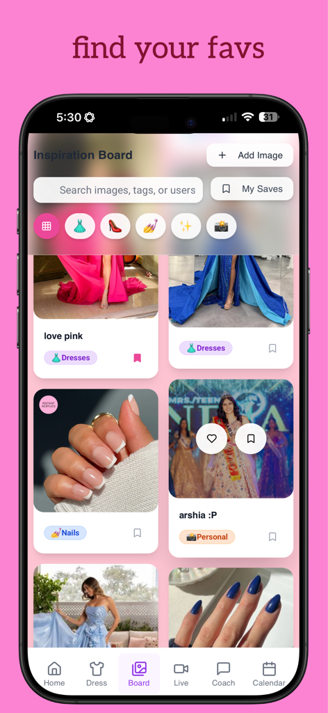 Runway AI - Tela do quadro de inspiração no aplicativo Runway AI mostrando vestidos de concurso e estilos de unhas