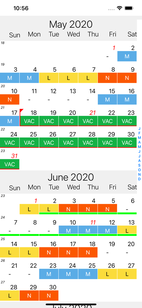 Vista mensual del horario de turnos de trabajo y días de vacaciones en Shift Calendar Pro