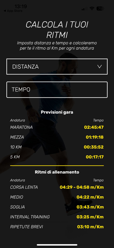 My Personal Running Coach - Una pantalla de aplicación de running que muestra una calculadora para predicciones de carreras y ritmos de entrenamiento.