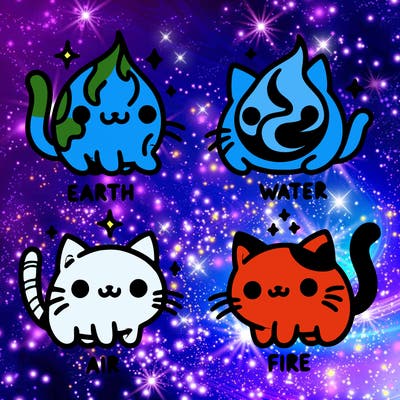 4 cats that represent the different elements, earth, water, air, and fire