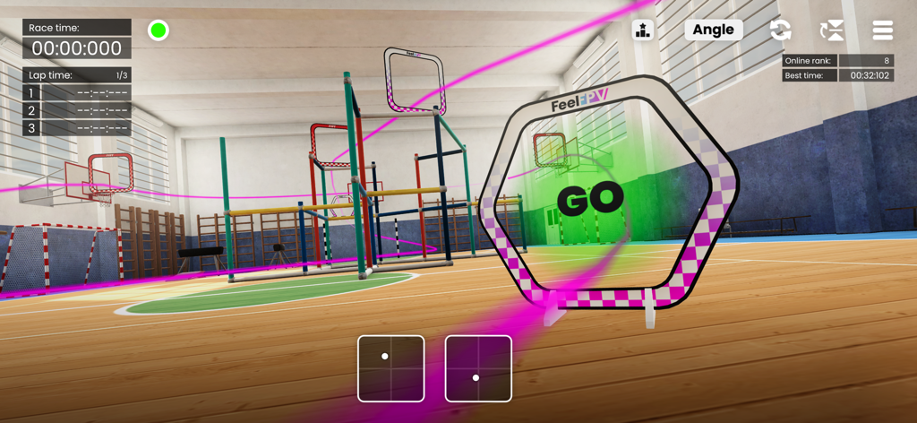 Indoor drone racing track with gates and flight path in FeelFPV TinyWhoop simulator