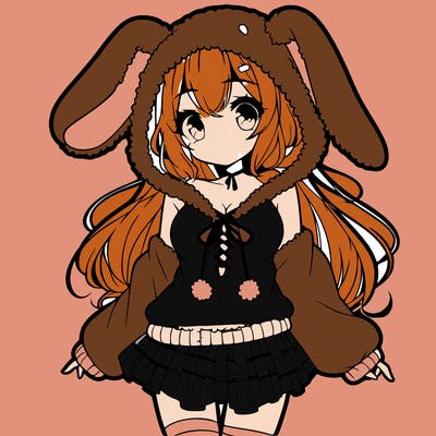 pretty anime girl wearing a fluffy hoodie with bunny ears on the hood and a skirt